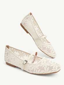 CUCCOO CHICEST 女士春夏蕾丝提花金属扣方头平底鞋，1厘米复古蕾丝面料，家居通勤购物约会旅行节日礼物 - 米色7 - 查看 7