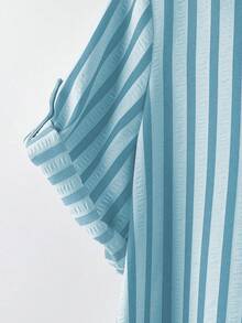 SHEIN Tall CURVE 大尺碼女款法式休閒夏季短袖V領長版洋裝 - 藍色 - 查看 5