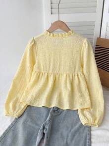 SHEIN Tween女孩休閒日常百搭舒適寬鬆荷葉領襯衫 - 黃色 - 查看 2