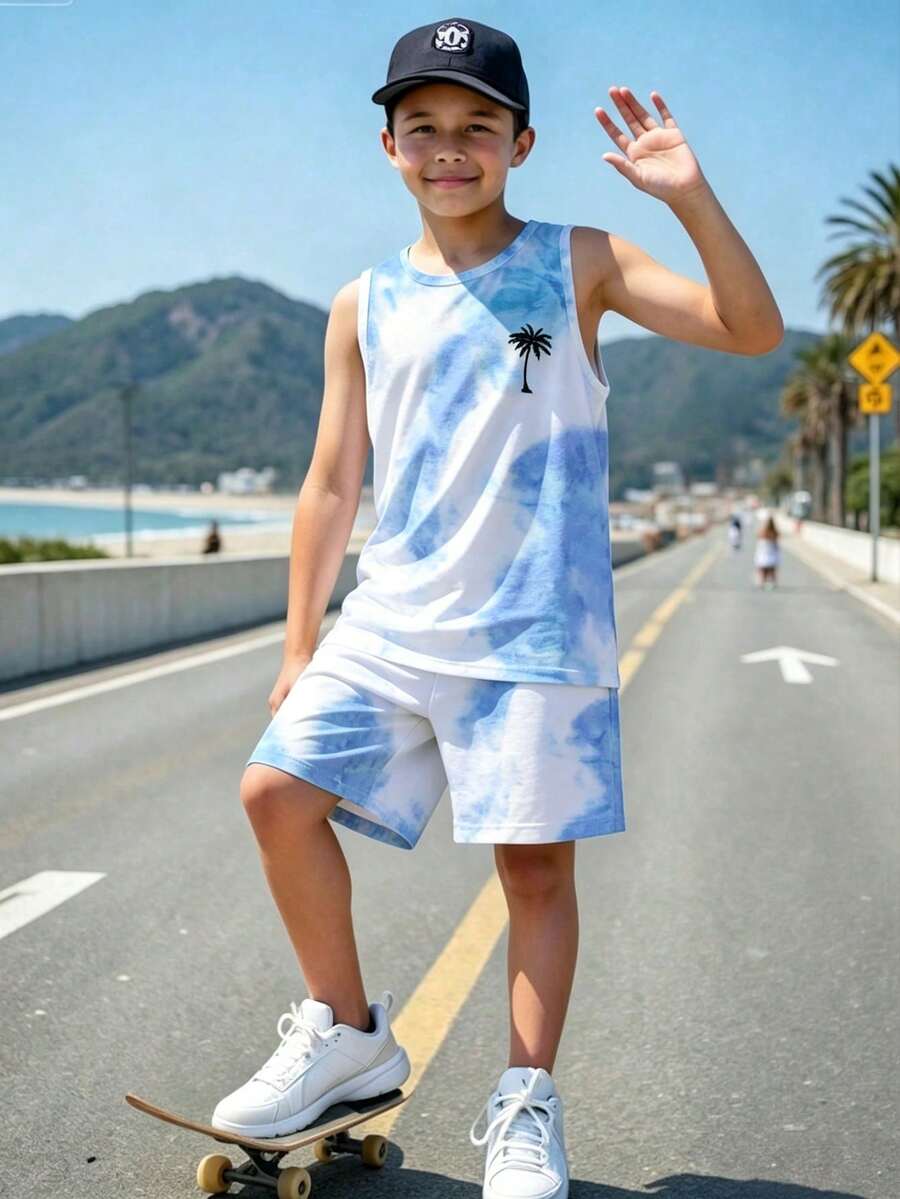兒童青少年男孩休閒舒適時尚極簡圓領背心短褲套裝 藍白配色 夏季度假風 - 白色 - 查看 1