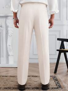 Core Aspect Men's Solid Color Bamboo Slub Texture Mid-Waist Double Pleated Straight Leg Casual Business No Belt Loop Zipper 9/10 Length Pants - Apricot - View 2