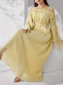 Solavon Plus Size Women's Gentle Elegant Modest Traditional French Style Pleated Textured Ruffle Waist Dress Wedding Formal Butter Yellow Autumn - Yellow - View 7