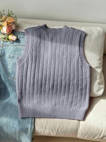 SHEIN 青少年女孩淺杏色V領刺繡針織背心毛衣，柔軟舒適，適合日常、外出、旅行、度假、居家、托兒所與遊戲時間 - 灰色 - 查看 2