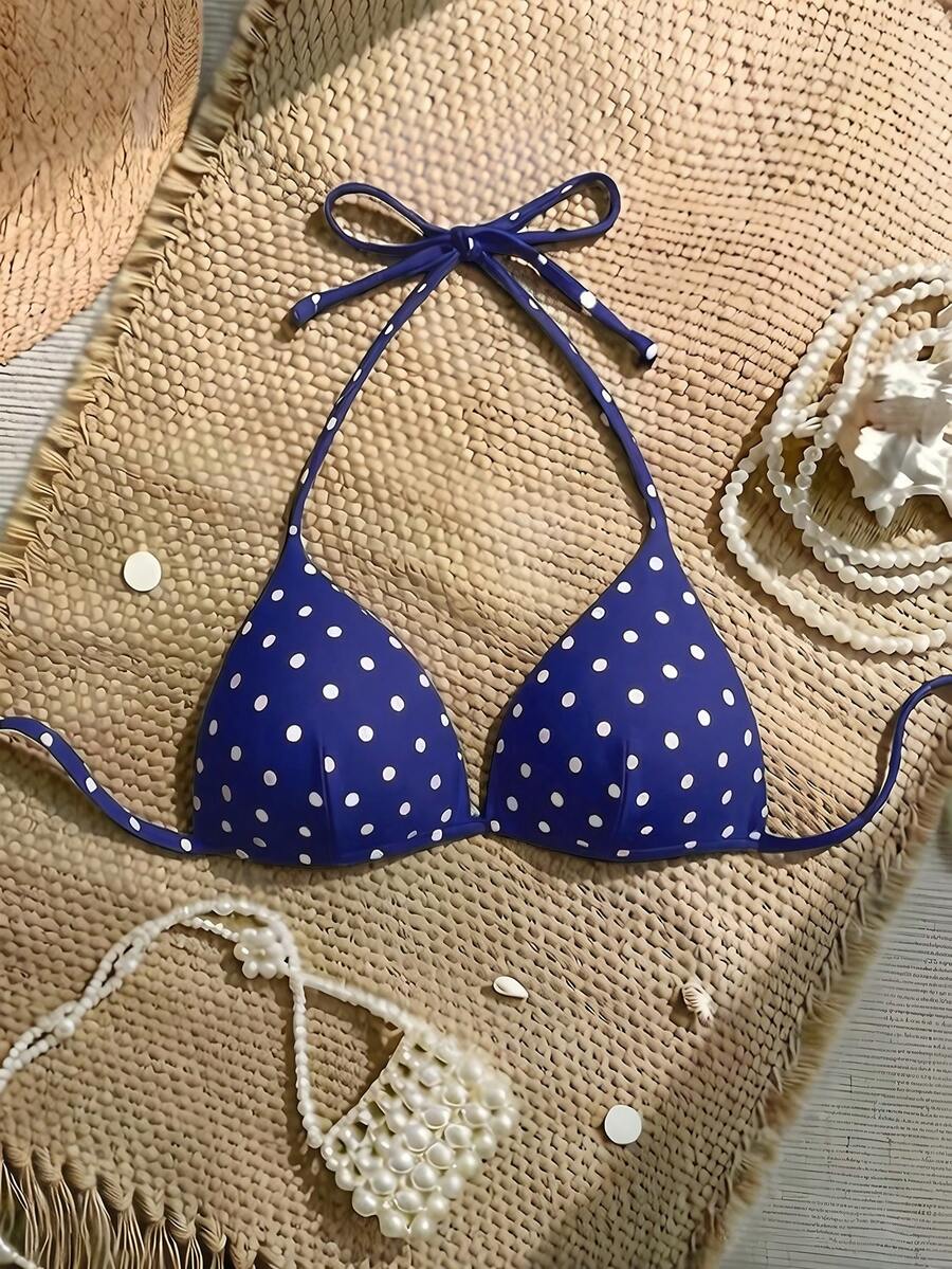 Swim Vcay 女款圓點掛脖綁帶比基尼上衣,適合夏季度假與海灘 - 藍色 - 查看 1