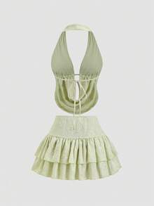 Sweetra Women's Embroidered Ruffle Neck Halter Top And Skirt Fashion 2 Pieces Set - Green - View 2