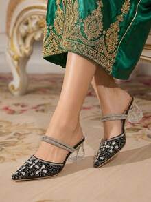 CUCCOO TILAWA Sepatu hak tinggi wanita berwarna hitam dengan hiasan kristal dan rhinestones yang modis dan elegan, cocok untuk perjamuan, pesta, dan acara lainnya. - hitam legam - View 10