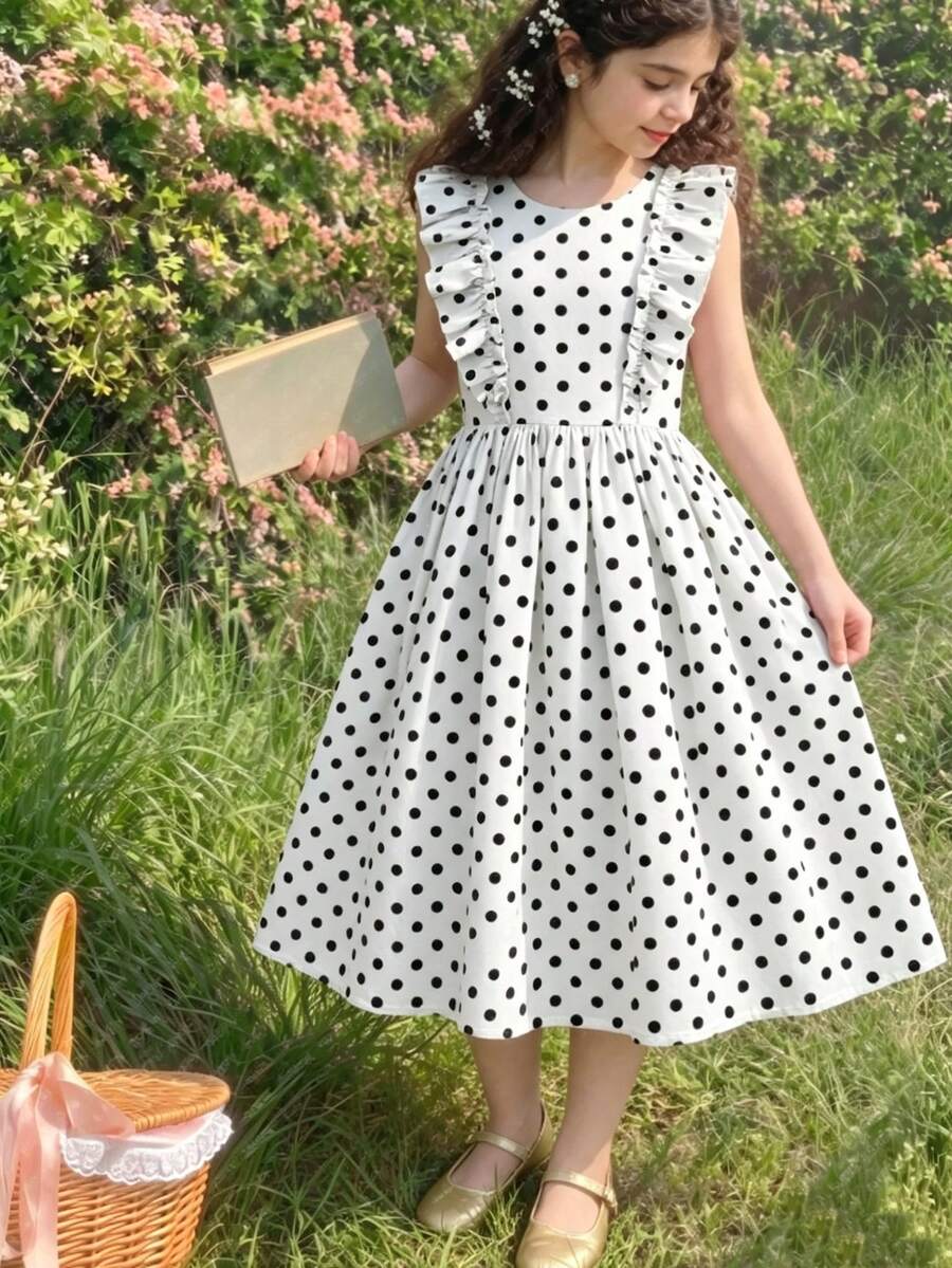 SHEIN Tween Girl Print Flutter Sleeve Dress, Back To School, Daily - White - View 1