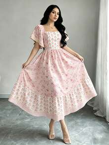 Turtle Leaf, Coconut Tree, Scattered Leaf And Small Flower Plant Silhouette, Square Neck Short Sleeve Dress With Ruffle Design At Hem, Summer Vacation Style - Multicolor 12 - View 3