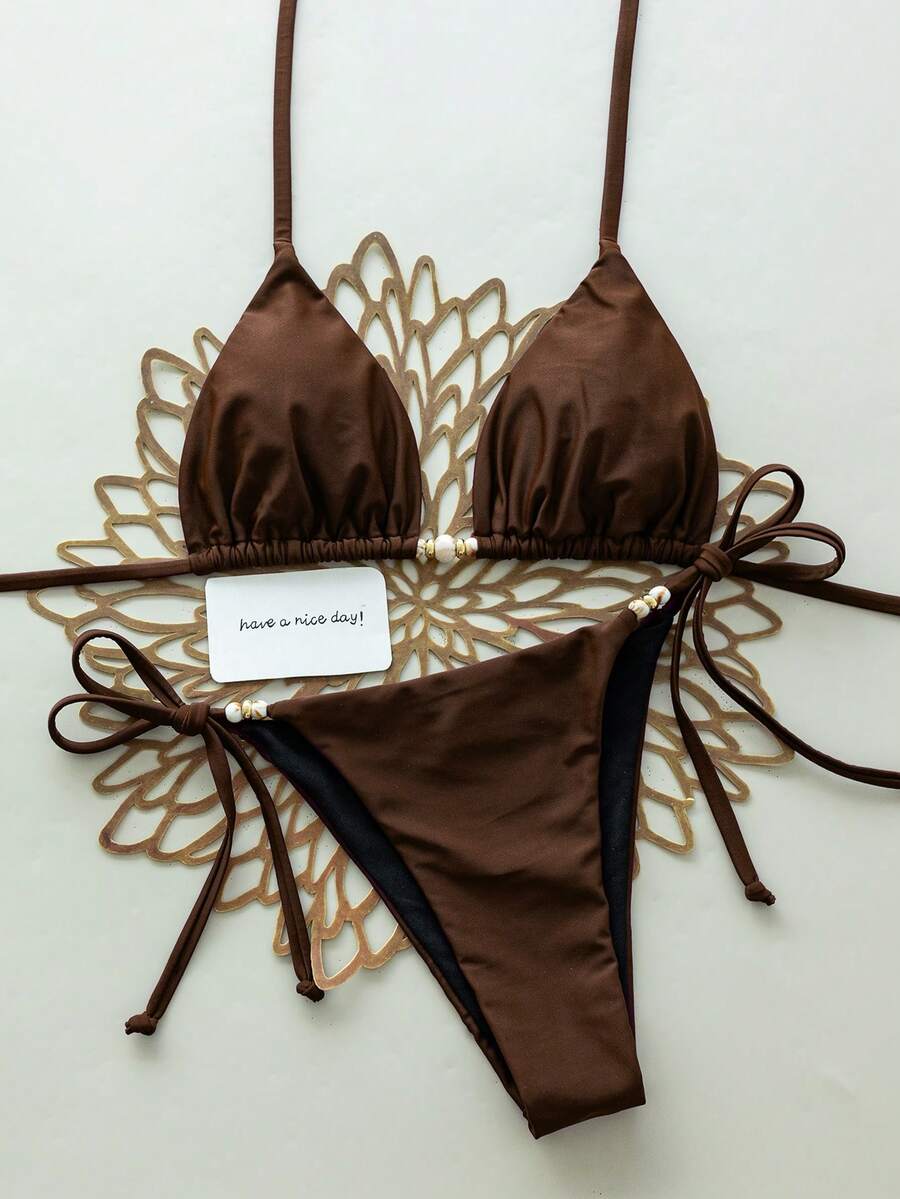 Swim Chiccia 春夏女款兩件式性感度假沙灘優雅純色掛脖綁帶泳衣套裝,紫紅色沙灘裝 - 咖啡棕 - 查看 1