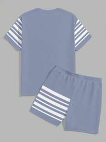 Sorvial Men's Minimalist Striped Print Blue T-Shirt & Shorts Set - Blue - View 3