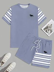 Sorvial Men's Minimalist Striped Print Blue T-Shirt & Shorts Set - Blue - View 4