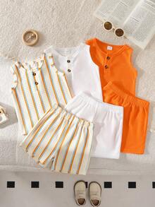 SHEIN Vintaside Kids 6件/套男嬰夏季簡約純色套裝，包含無袖背心上衣與配套短褲，咖啡色、杏色與藍色，寬鬆版型適用於休閒、戶外、派對場合 - 橘色 - 查看 5