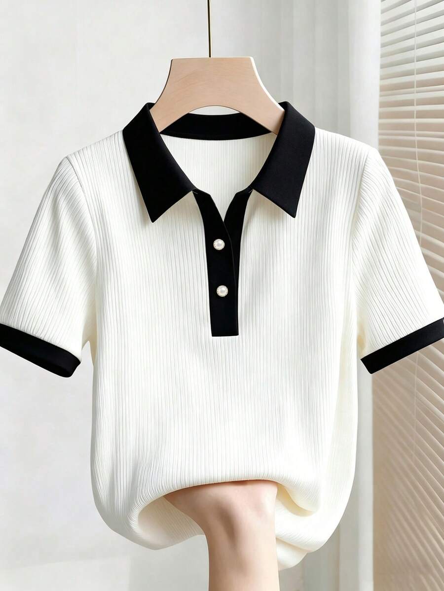Franclia Women's Casual Elegant Solid Color T-Shirt - Black and White - View 1