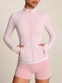 SHEIN BAE Women's Minimalist Zipper Front Pocket Long Sleeve Fashion Sports Jacket - Baby Pink - View 5