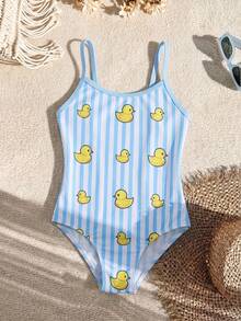 SHEIN Young Girl Cute Duck Print Camisole Swimwear,Casual Versatile Beach,Swimming,Hawaii Vacation Outfit Bathing Suit Suits For Swim Squishy - Baby Blue - View 1