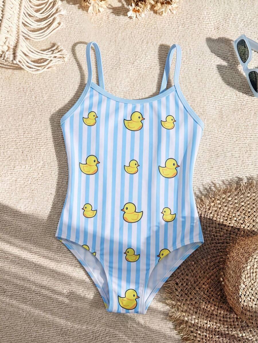 SHEIN Young Girl Cute Duck Print Camisole Swimwear,Casual Versatile Beach,Swimming,Hawaii Vacation Outfit Bathing Suit Suits For Swim Squishy - Baby Blue - View 1