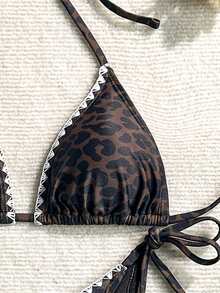 Swim Vcay Conjunto de bikini de 2 piezas para mujer con estampado de leopardo marrón y patrón aleatorio, sexy, cuello en V y lazo halter, para verano - Multicolor - Ver 4