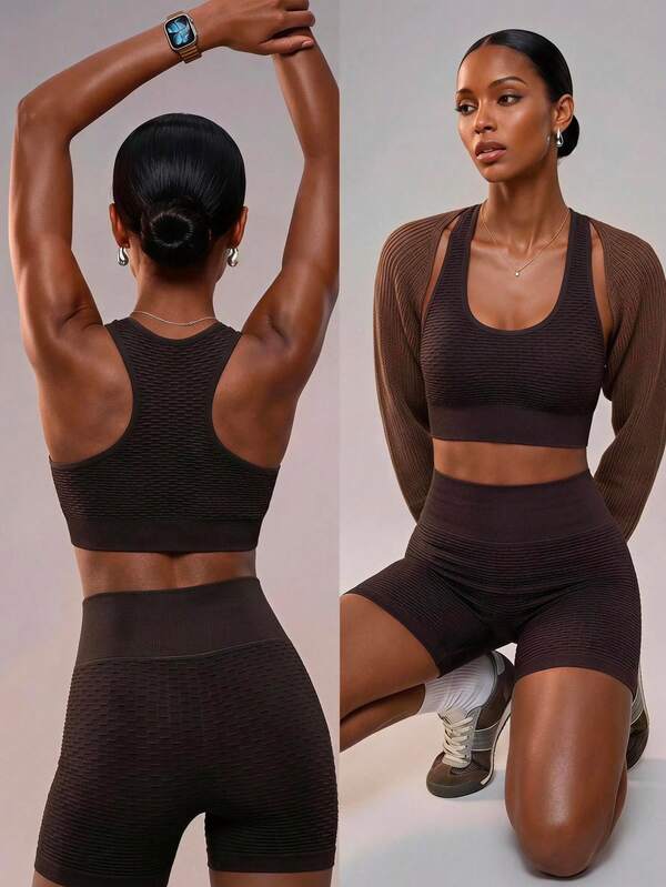 Zivah Women's Modest Dark Brown Seamless Textured Letter Design Cropped Top And Slim Fit Shorts Gym Sports Set For Workout