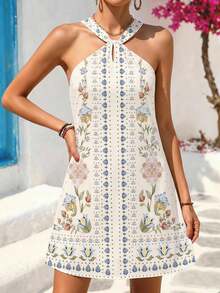 Vivid Eden Women's Halter Neck Floral Print Casual Vacation Dress - Apricot - View 5