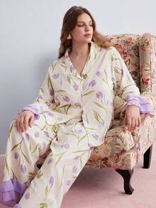 Elorette Plus Size Floral Print Collared Ruffle Trim Long Sleeve Top And Pants Pajama Set, Cozy And Elegant Details, Fall Winter Clothes - Purple - View 7