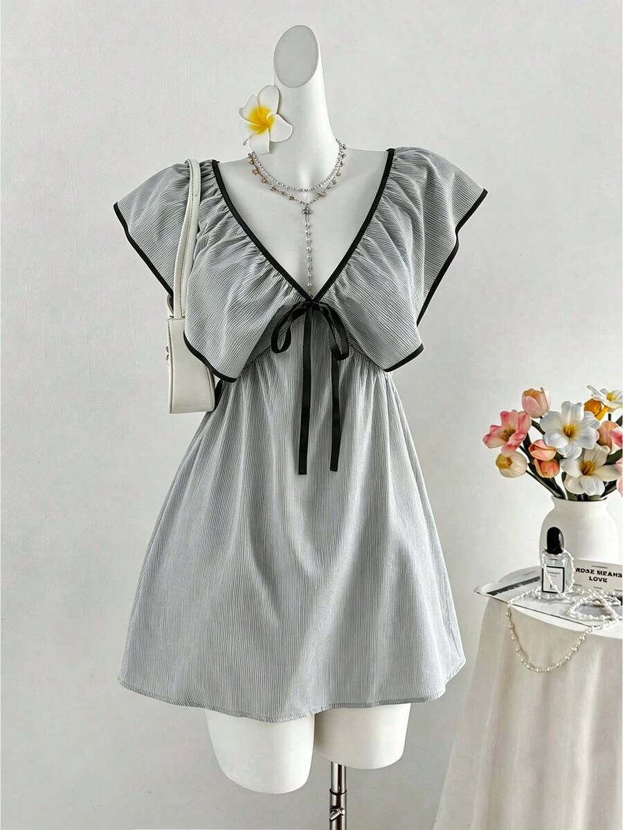 Flirla Plus Size Women's Summer Black And Gold V-Neck Ruffle Bow Tie Dress, Retro French Style Flutter Sleeve Tie Waist Short Dress Holiday Cute - Black and White - View 1