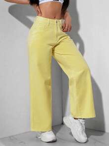 SHEIN PETITE 休閒百搭黃色直筒牛仔褲 - 黃色 - 查看 5