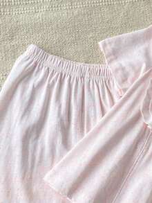 Light Pink Glitter Lace Trim Girls Pajama Set 2pcs, Bow & Ruffle Short Sleeve Top + 3/4 Pants, Princess Style Loungewear - Multicolor - View 5