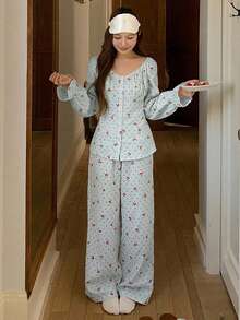 DAZY Sweet Cherry Polka Dot Print All-Over Large Collar Ruffle Trim 2pcs Women's Pajama Set - Blue - View 4