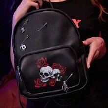 ROMWE Goth School Season Retro Punk Print Large-Capacity Backpack, Suitable For Commuting Versatile, Student Dress Book For School, Cool Road, Roses, Decorative - Black pin - View 4