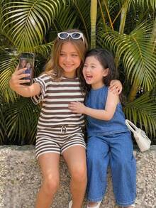 SHEIN Setelan 2pcs Baju Tank Top Longgar Denim Biru Tua untuk Anak Perempuan, Cocok untuk Hari Kemerdekaan Piala Dunia dan Acara di Pantai. - Biru - View 7