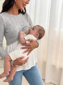 SHEIN Maternity Cross Wrap 2 In 1 Nursing Tee With Long Sleeve Fall - Light Grey - View 6