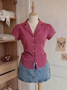 Comfortcana Plus Size Women's Plaid Short Sleeve Single Breasted Casual Shirt - Red - View 6