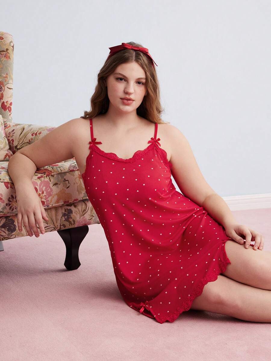 Elorette Heart-Print Red Dress Plus Size Women Knitted Ribbed Red Heart Print Contrast Lace Bow Cute Sleepwear Slip Dress, Suitable For Holidays And Celebrations Red Night Dress - Red - View 1