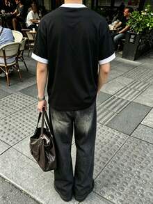 Resyla Men 男士圓領休閒對比色字母印花T恤，春夏風格 - 彩色 - 查看 2