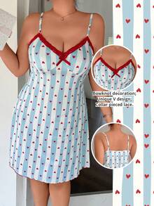 Napfluff CURVE Napfluff CURVE Women's Plus Size V-Neck Lace Trim Striped Heart Print Camisole Nightgown - Blue - View 3