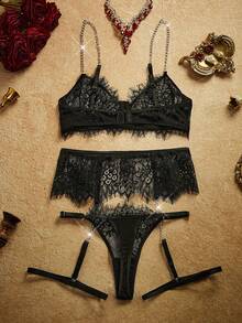 PinupPomp Fashion Retro Chain Eyelash Lace Sexy Women's Lingerie Set 3pcs - Black - View 2