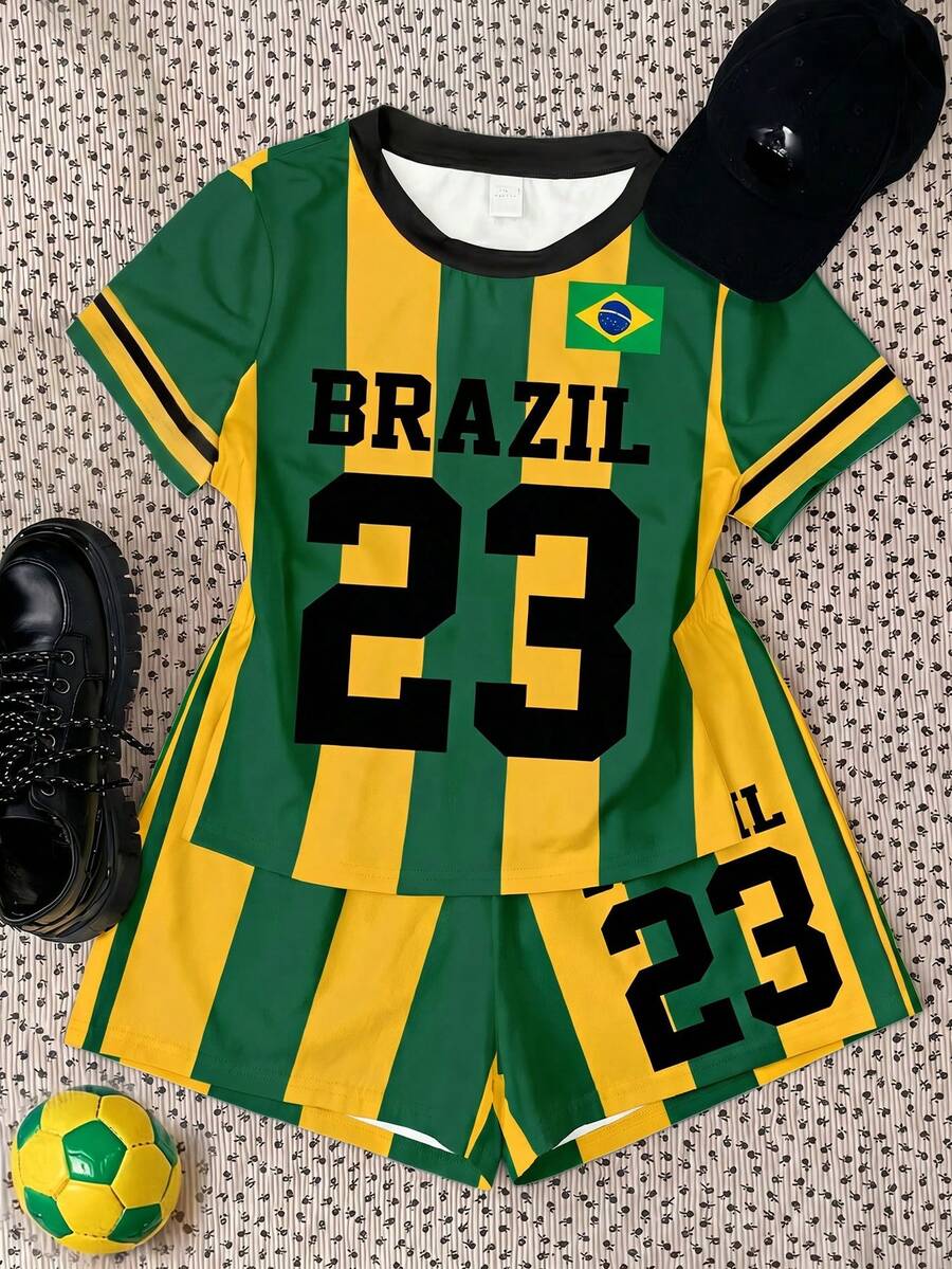 黃綠拼色休閒運動城市字母 BRAZIL 圖案對比滾邊,足球賽事、返校季、Y2K、青少年女孩休閒極簡寬鬆圓領短袖T恤與寬鬆短褲兩件套,適合春夏出遊、街頭風、居家、校園 - 彩色 - 查看 1