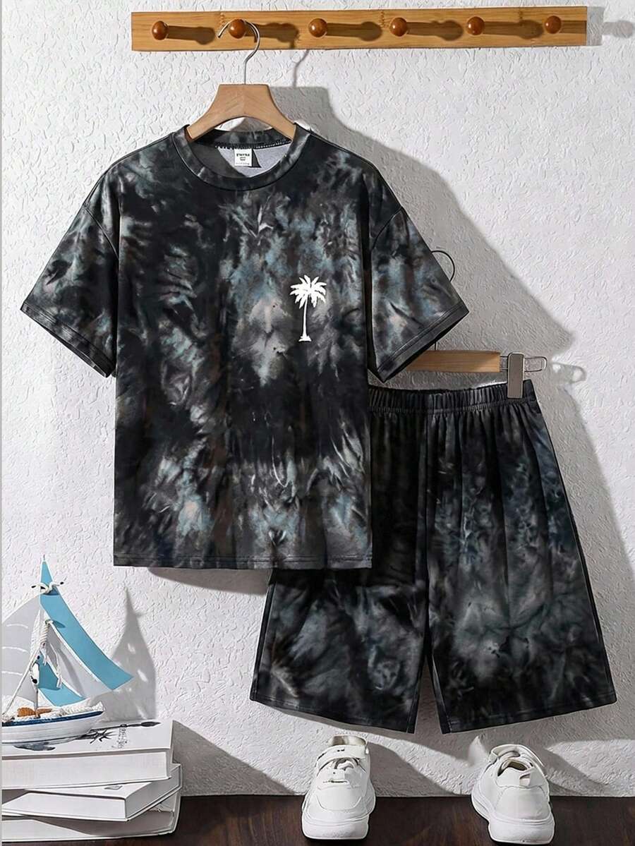 SHEIN 男童扎染短袖T恤和短裤套装 - 深灰色 - 查看 1