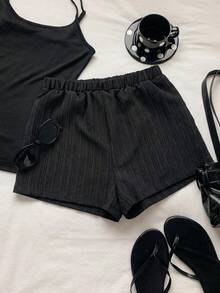 SHEIN EZwear Women's Casual Versatile Black Woven Shorts, Summer - Black - View 2