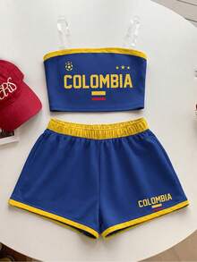 Tween女孩復古休閒時尚藍色字母COLOMBIA套裝，適合夏季復古、學院風、經典，2026世界盃運動時尚穿搭 - 彩色 - 查看 4
