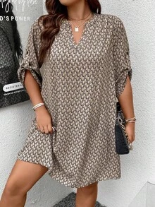 Plus Allover Print Roll Tab Sleeve Tunic Dress Fall - Brown - View 6