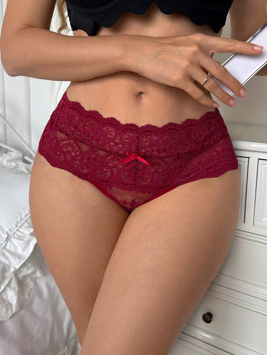 SHEIN Celana Dalam Thong Seksi Wanita dengan Hiasan Pita Renda untuk Sehari-hari - Burgundy - View 1