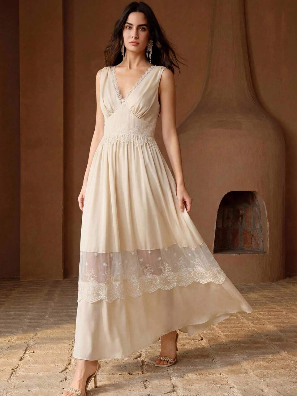 Anewsta Women's Solid Color V-Neck Sleeveless Lace Patchwork Elegant Sexy Long Dress, Summer Golf Pastal