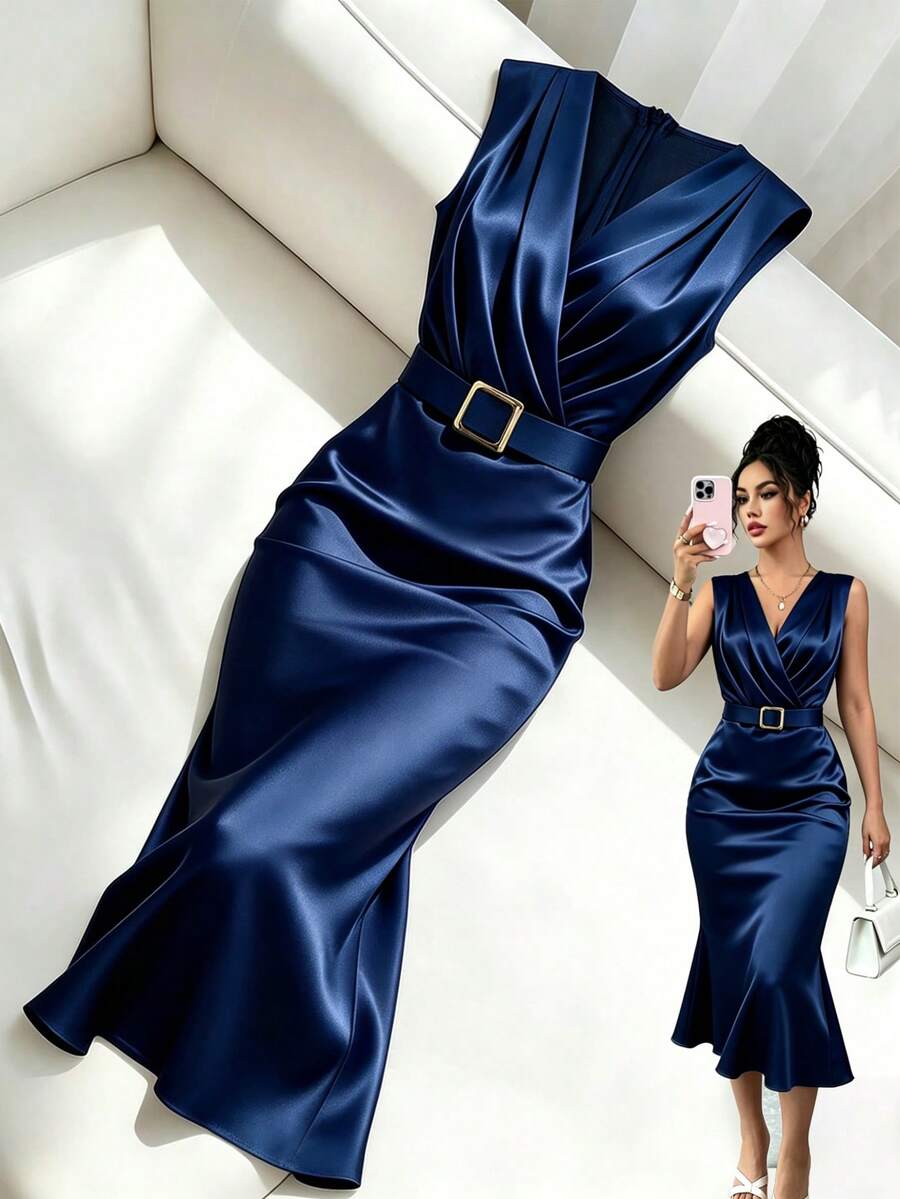 Franclia Women's Elegant Commuter V-Neck Bodycon Fitted Business Satin Stretch Glossy Metal Buckle Dress, Spring/Summer Inner Layer Dress - Navy Blue - View 1