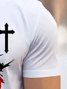 Manfinity Dauomo 男士短袖T恤，印有JESUS字母與十字架圖案，休閒日常穿搭款 - 彩色 - 查看 4