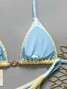 Swim Mod Damen Bikini-Badeanzug-Set aus 2 Teilen für Frühling/Sommer, neu, aus Spezialstoff mit Metalldekor, V-Ausschnitt, Neckholder, rückenfrei, Dreiecksform und Nieten - Gelb - Übersicht 4