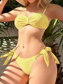 Swim Mod 女款泳衣套裝（聚攏托高鋼圈款） - 黃色 - 查看 3