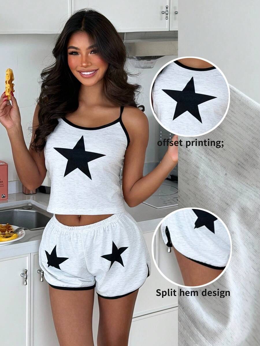 SHEIN 女款灰色魚鱗紋布料星星印花休閒吊帶背心套裝 - 灰色 - 查看 1