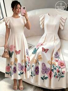 Rafferiza 花卉蝴蝶刺繡印花中長洋裝，女款圓領荷葉袖A字裙，白色刺繡印花夏季休閒中長洋裝，優雅高腰花卉刺繡印花洋裝，復古風蝴蝶刺繡印花中長洋裝，休閒夏季花卉刺繡中長洋裝，優雅圓領荷葉袖刺繡洋裝，女款休閒洋裝，花卉洋裝，傘裙，度假洋裝，假日洋裝 - 杏色 - 查看 1