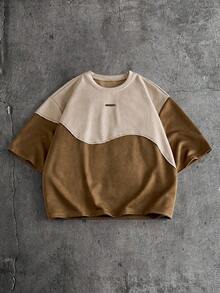 AXEPEAK Men's Summer Casual Colorblock Patchwork Letter Applique T-Shirt - Brown - View 3